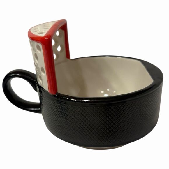 Hockey Puck Soup Bowl 16 oz Ceramic Goal Net Black Red Textured Novelty Gift 🏒 - Picture 4 of 10